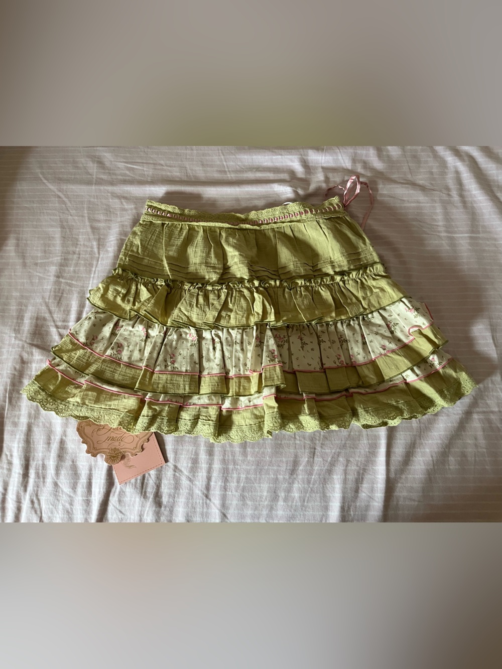 NWT LacemadeLight Green Tiered Ruffle Skirt with Floral Trim